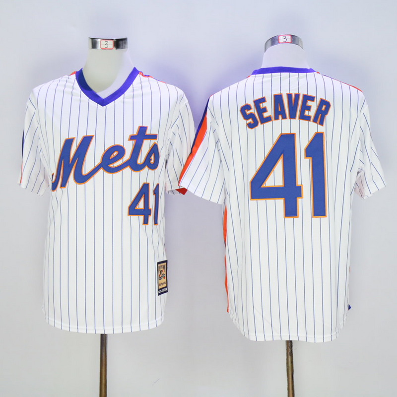 Men New York Mets 41 Seaver White Stripe Throwback Game MLB Jerseys